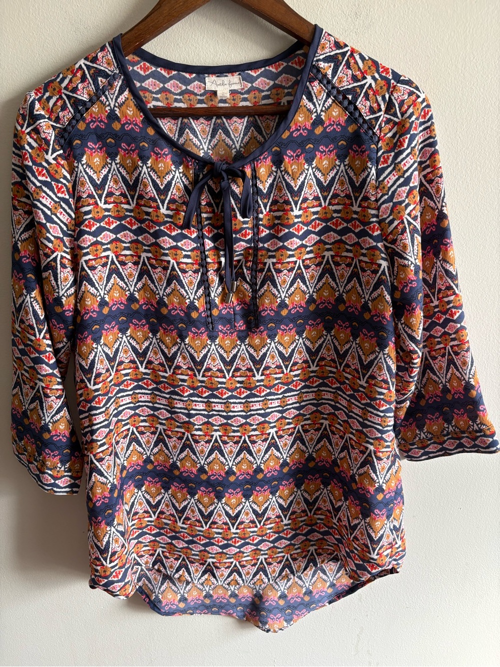 Antilia Femme Navy and Rust Printed Tie-Neck Blouse